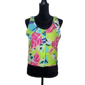 Vintage Tropical Green Pink Button Top